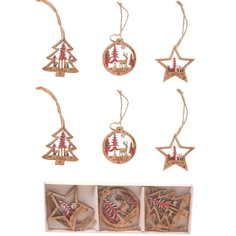 Set 6 Decoratiuni de Craciun din Lemn, cu Snur pentru Agatare in Brad, Model Brad, Glob si Steluta, Rosu
