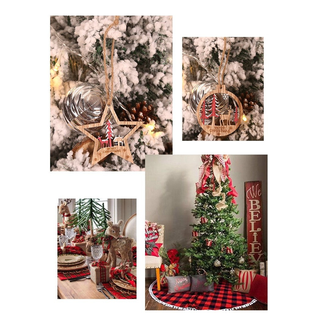Set 6 Decoratiuni de Craciun din Lemn, cu Snur pentru Agatare in Brad, Model Brad, Glob si Steluta, Verde