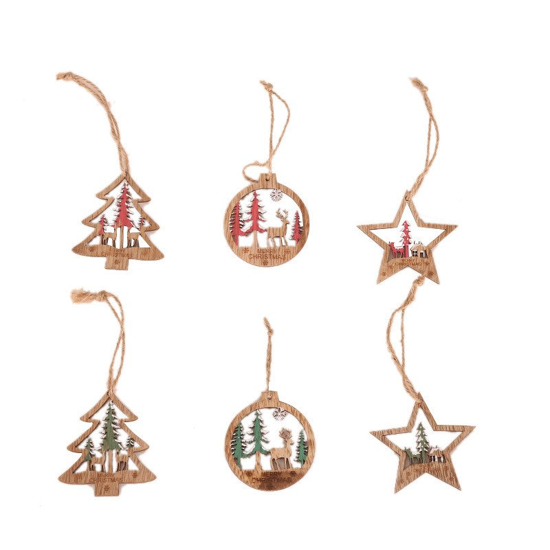 Set 6 Decoratiuni de Craciun din Lemn, cu Snur pentru Agatare in Brad, Model Brad, Glob si Steluta, Verde