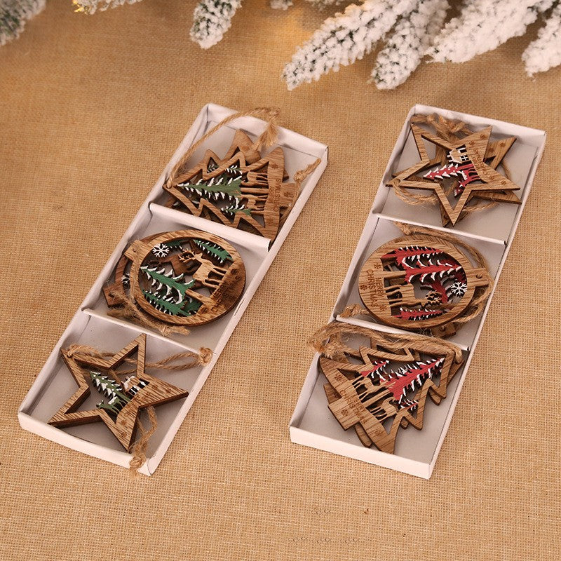 Set 6 Decoratiuni de Craciun din Lemn, cu Snur pentru Agatare in Brad, Model Brad, Glob si Steluta, Verde
