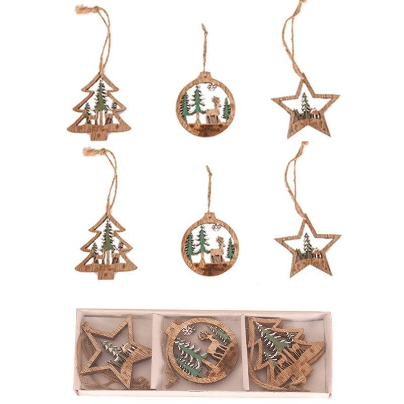 Set 6 Decoratiuni de Craciun din Lemn, cu Snur pentru Agatare in Brad, Model Brad, Glob si Steluta, Verde