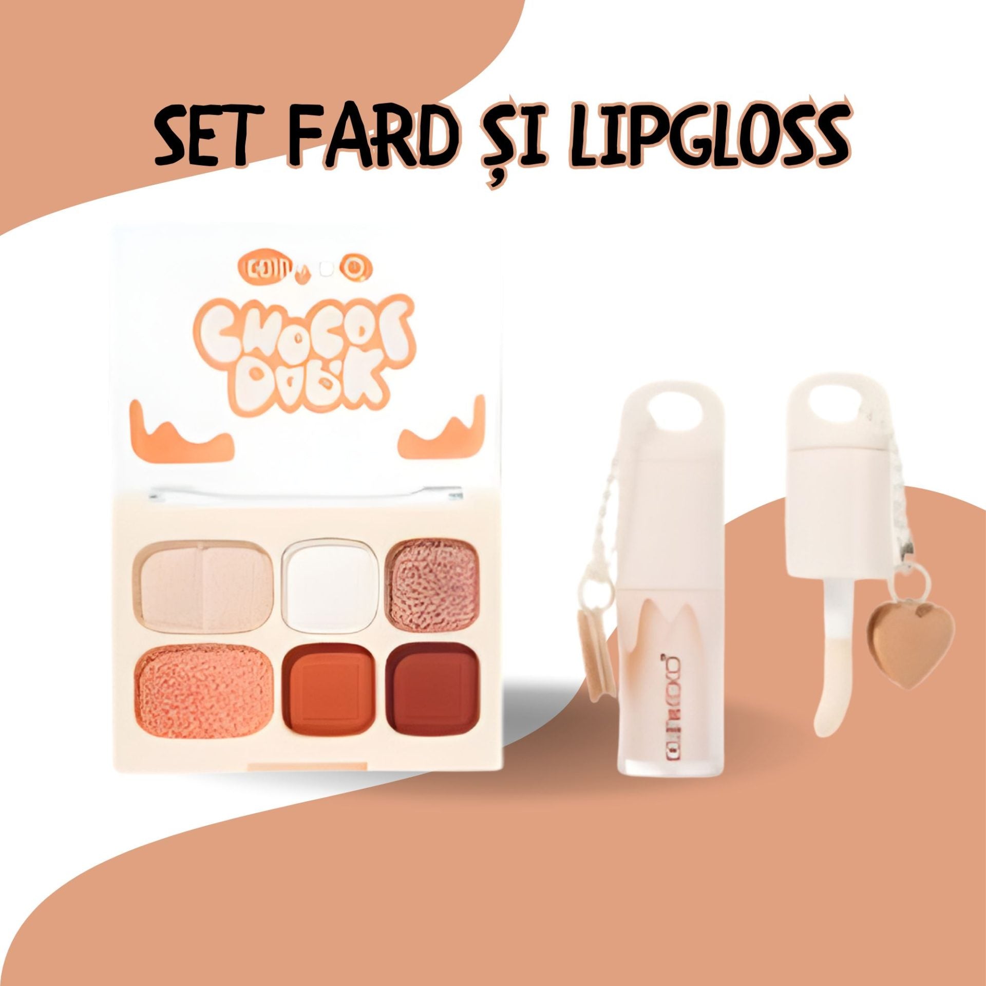 Set Machiaj, Kevin&Coco, Paleta Farduri de Ochi si Lip Gloss, 6 Nuante, Finisaj Mat, Shimmer, Textura Fina, Pigmentare Intensa, 10.4 g, 14.7 x 10.5 x 3.5 cm, Portocaliu