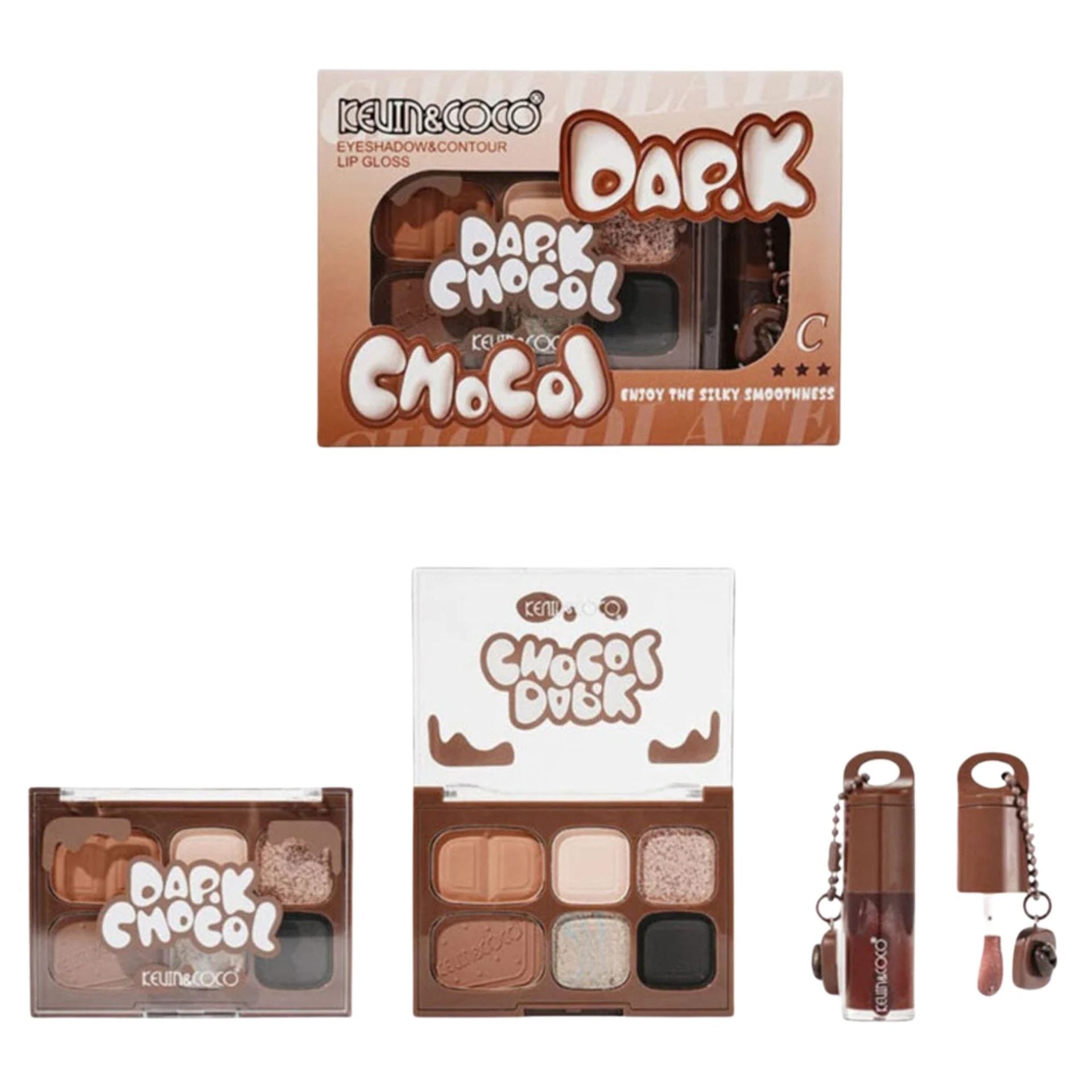 Set Machiaj, Kevin&Coco, Paleta Farduri de Ochi si Lip Gloss, 6 Nuante, Finisaj Mat, Shimmer, Textura Fina, Pigmentare Intensa, 10.4 g, 14.7 x 10.5 x 3.5 cm, Maro