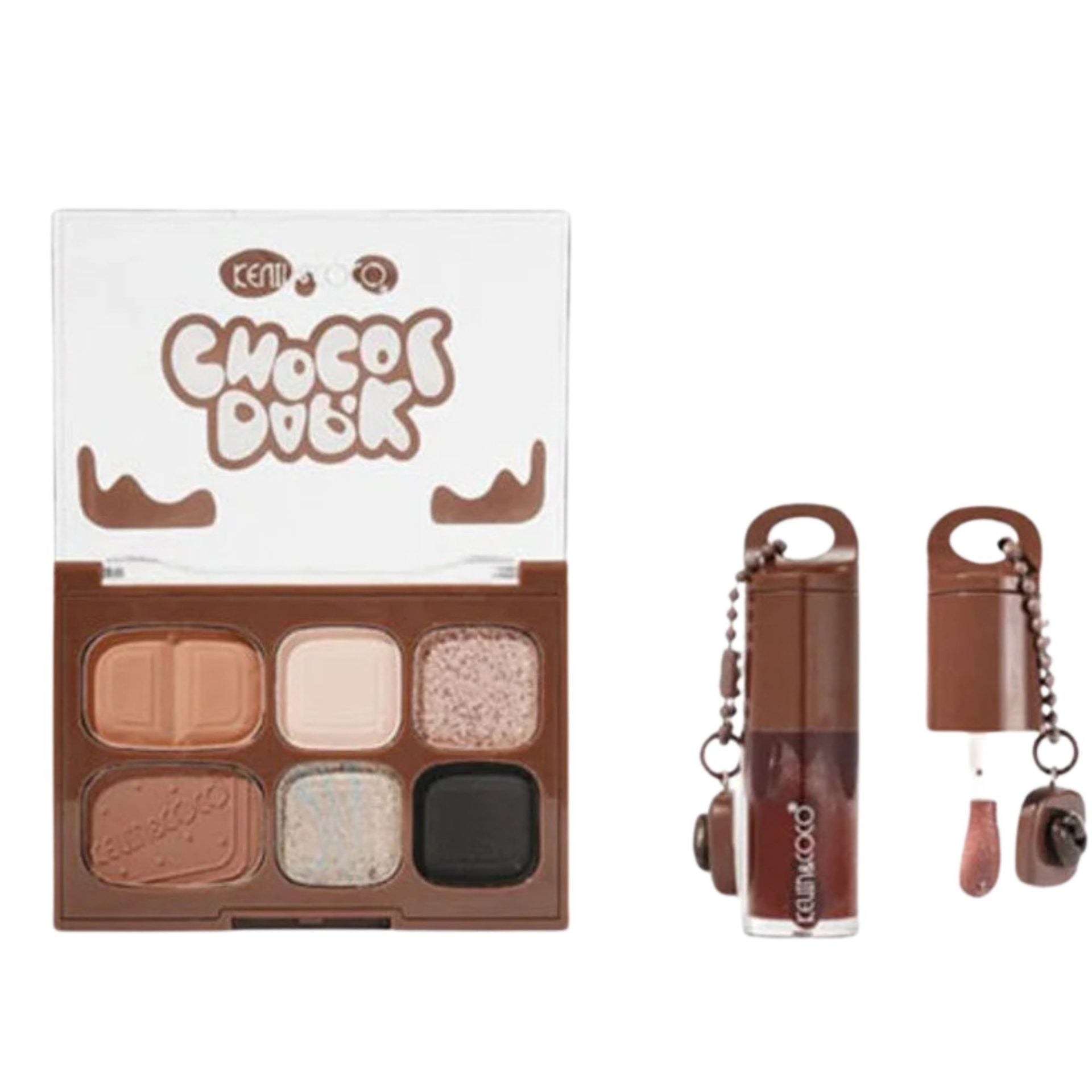 Set Machiaj, Kevin&Coco, Paleta Farduri de Ochi si Lip Gloss, 6 Nuante, Finisaj Mat, Shimmer, Textura Fina, Pigmentare Intensa, 10.4 g, 14.7 x 10.5 x 3.5 cm, Maro