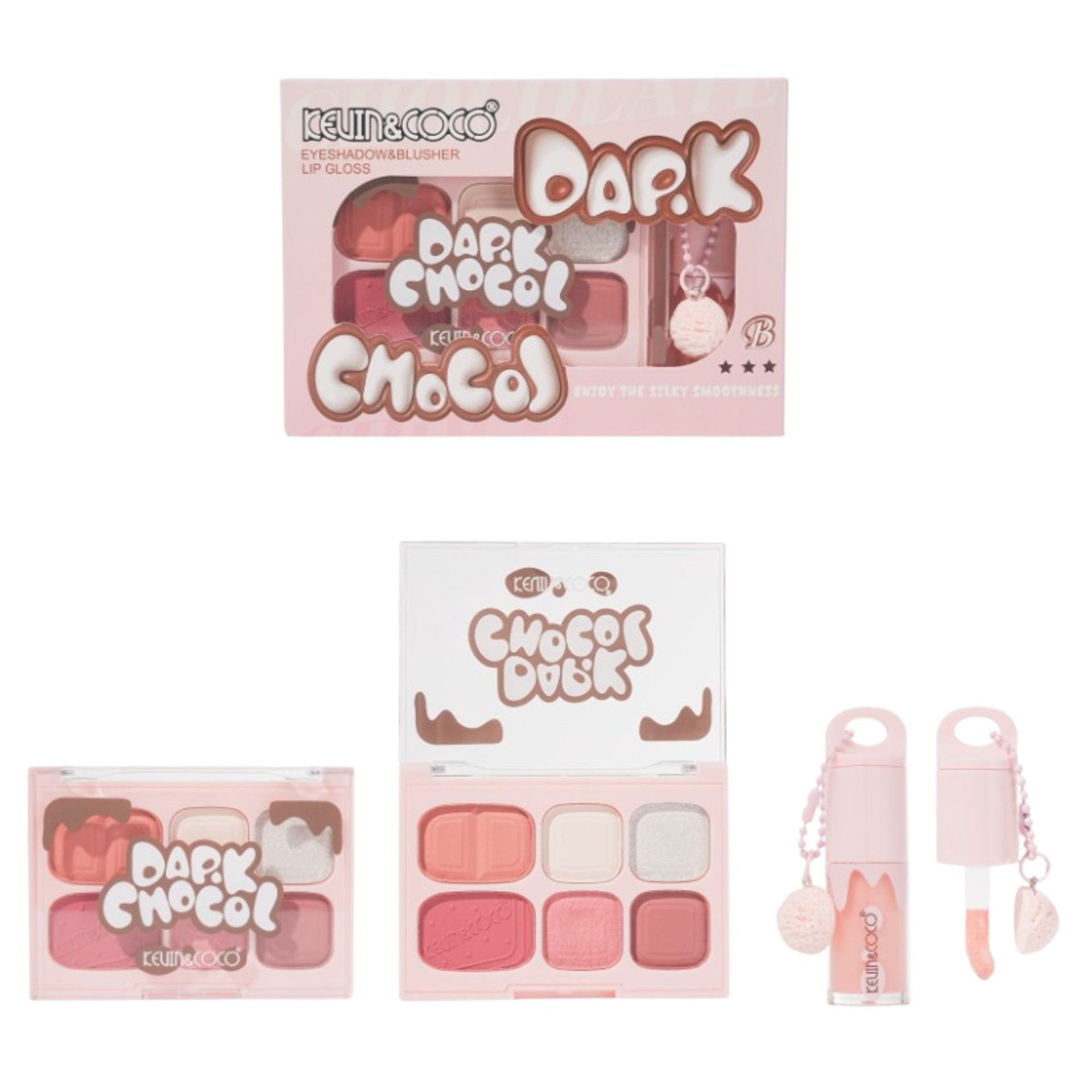 Set Machiaj, Kevin&Coco, Paleta Farduri de Ochi si Lip Gloss, 6 Nuante, Finisaj Mat, Shimmer, Textura Fina, Pigmentare Intensa, 10.4 g, 14.7 x 10.5 x 3.5 cm, Roz