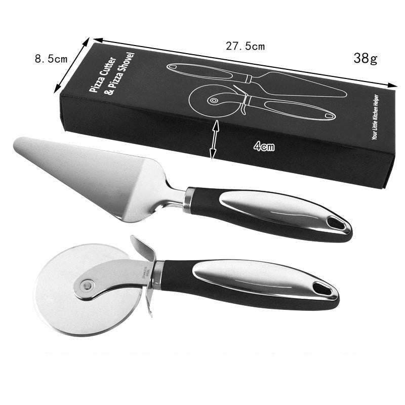 Feliator si Lopatica pentru Pizza, set din 2 ustensile, Otel Inoxidabil, Maner Antiderapant, 26.5 x 8 x 3 cm, Negru