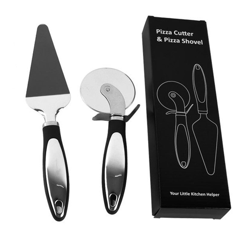 Feliator si Lopatica pentru Pizza, set din 2 ustensile, Otel Inoxidabil, Maner Antiderapant, 26.5 x 8 x 3 cm, Negru