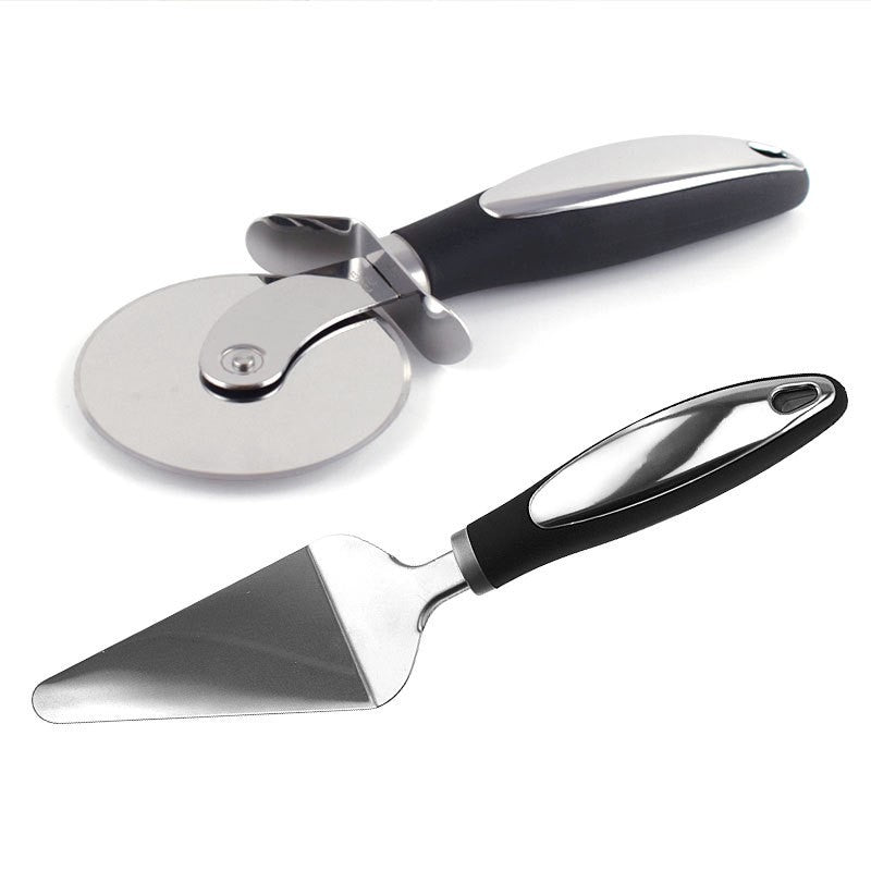 Feliator si Lopatica pentru Pizza, set din 2 ustensile, Otel Inoxidabil, Maner Antiderapant, 26.5 x 8 x 3 cm, Negru