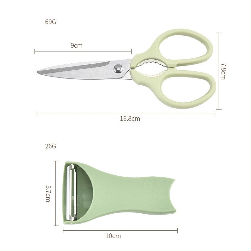 Set foarfeca pentru bucatarie curatator legume tip suport, multifunctional, spargator nuci, material ABS si otel inoxidabil, maner ergonomic, 16.8 x 7.8 x 1 cm, verde
