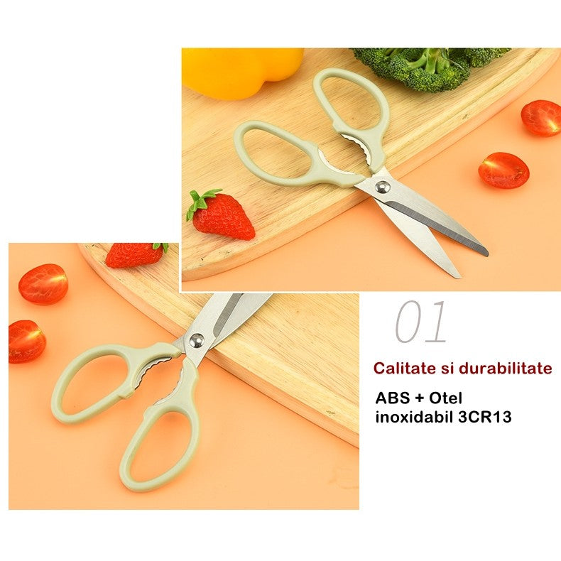 Set foarfeca pentru bucatarie curatator legume tip suport, multifunctional, spargator nuci, material ABS si otel inoxidabil, maner ergonomic, 16.8 x 7.8 x 1 cm, verde
