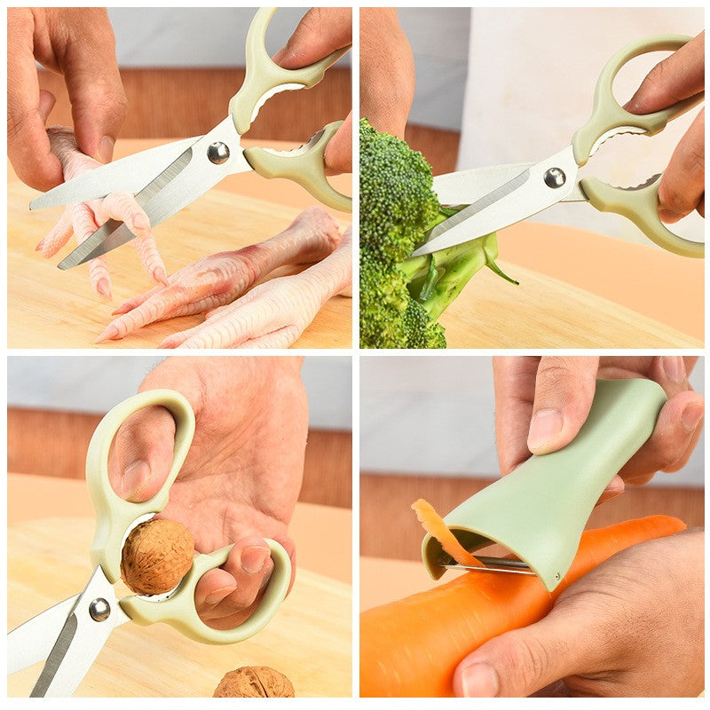 Set foarfeca pentru bucatarie curatator legume tip suport, multifunctional, spargator nuci, material ABS si otel inoxidabil, maner ergonomic, 16.8 x 7.8 x 1 cm, verde