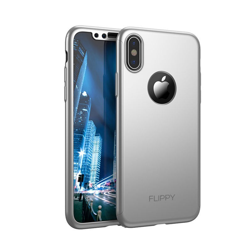 Set Husa si Folie de Protectie, Compatibila cu Apple iPhone X, Full Cover 360°, Plastic + Sticla, Argintiu