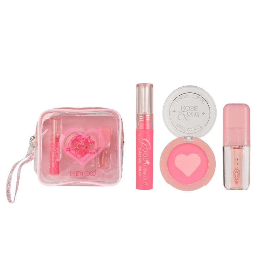 Set Machiaj Complet, Kevin&Coco, Trusa Machiaj Portabila, Mini Kit, 3 Articole Esentiale pentru Stralucire, Design Inima, Roz