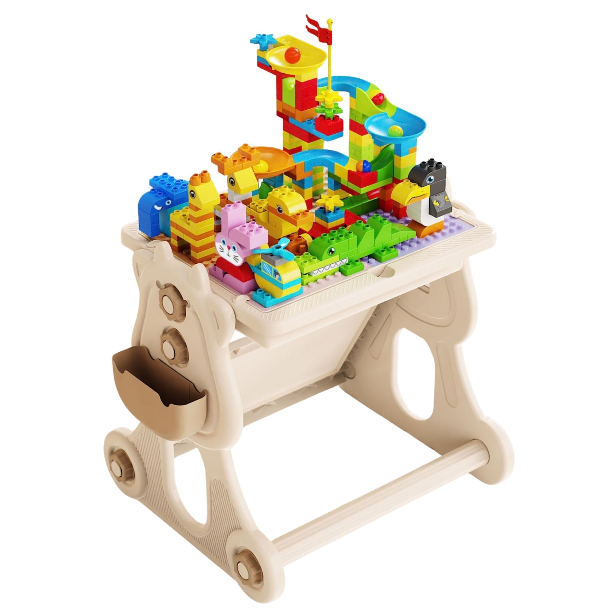 Masa Educativa pentru Copii, Multifunctionala, cu Scaun, Compatibila cu Piese tip LEGO Duplo, 178 piese, Spatiu Depozitare, 3 + ani, Bej
