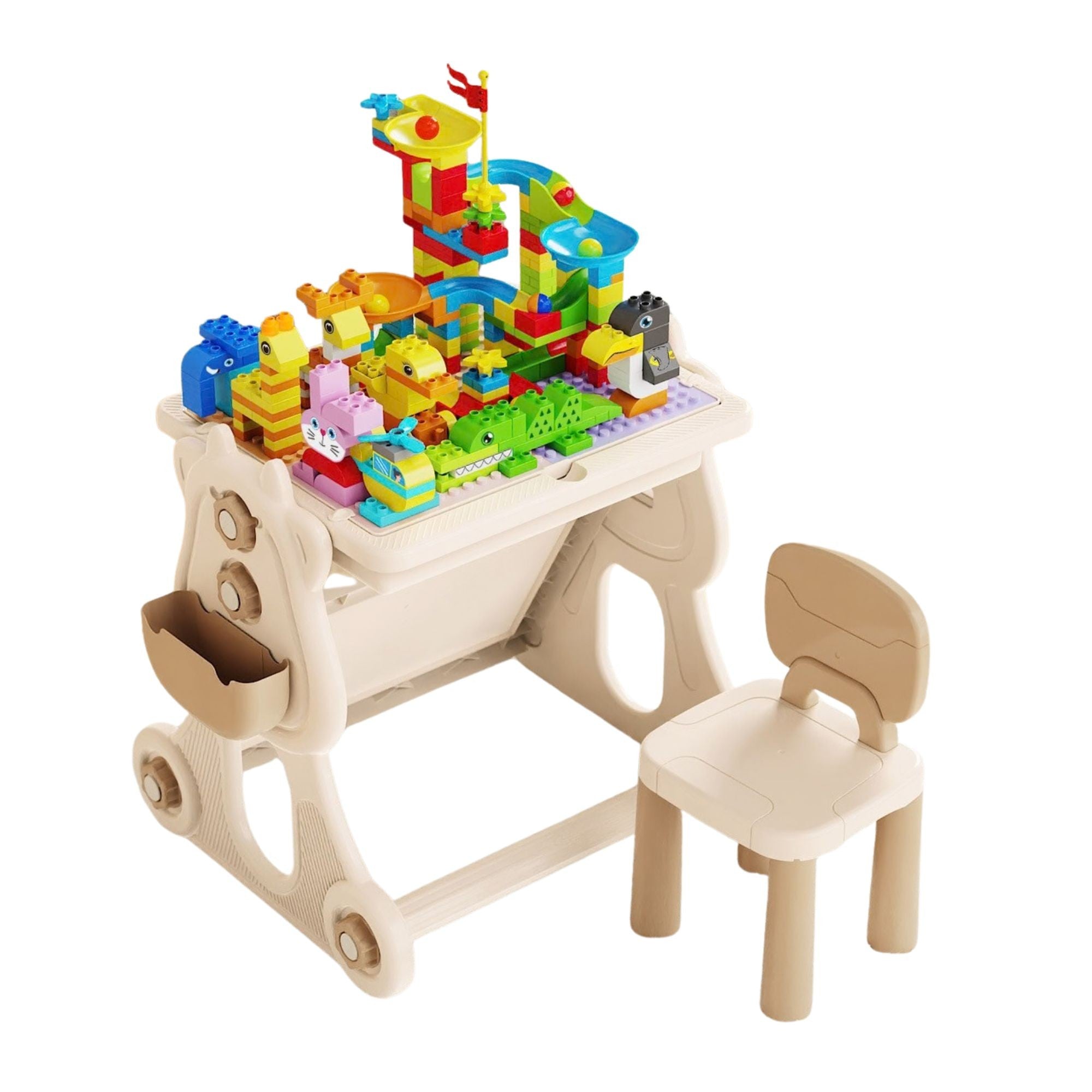 Masa Educativa pentru Copii, Multifunctionala, cu Scaun, Compatibila cu Piese tip LEGO Duplo, 178 piese, Spatiu Depozitare, 3 + ani, Bej