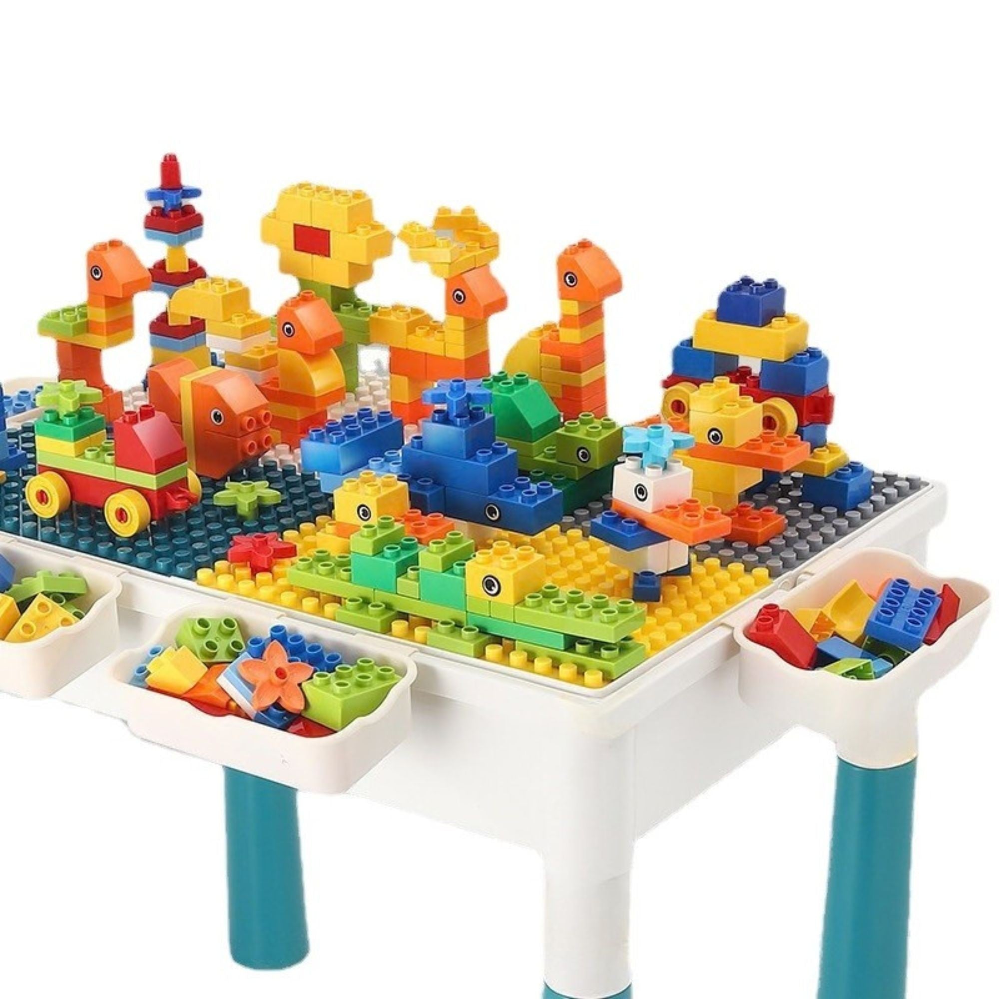 Masuta Multifunctionala, Educativa pentru Copii, Scaunel Bunny, Blat Reversibil, Compatibila cu Piese mari tip LEGO Duplo, 4 cutii depozitare, Set 156 piese, 3+Ani, Multicolor