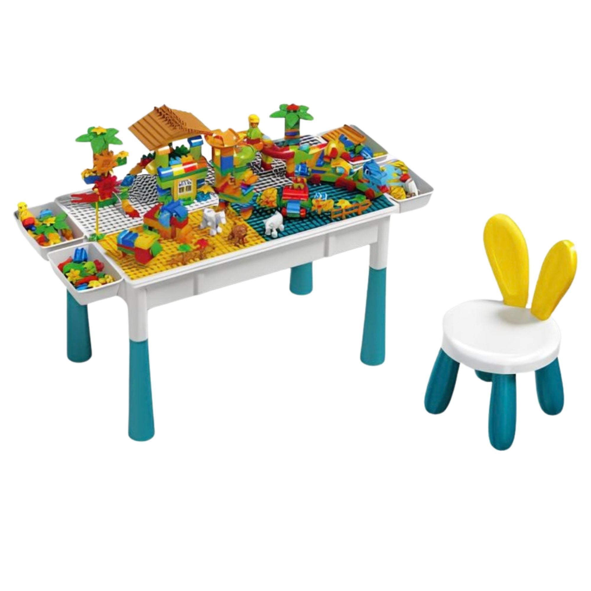 Masuta Multifunctionala, Educativa pentru Copii, Scaunel Bunny, Blat Reversibil, Compatibila cu Piese mari tip LEGO Duplo, 4 cutii depozitare, Set 156 piese, 3+Ani, Multicolor