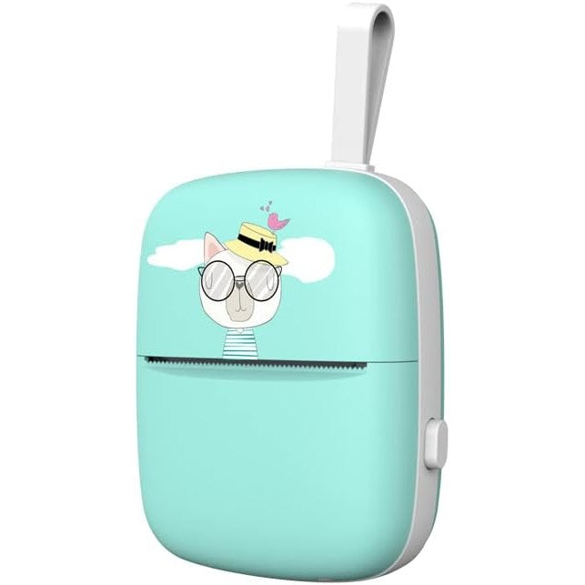 Set Mini Imprimanta Foto Portabila, Flippy, Include: 1x Set de Markere, 5x Role de Hartie Termica, 5x Role Hartie Adeziva, Incarcare USB, Bluetooth, Print Alb-Negru, Model Pisica, Albastru