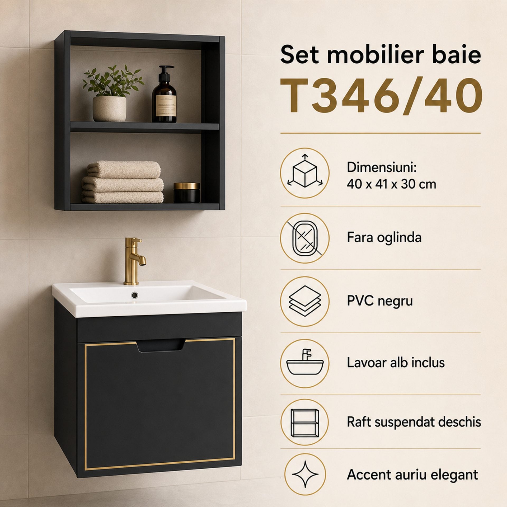 Set Mobilier fara oglinda Baie, Negru, PVC, T346/40