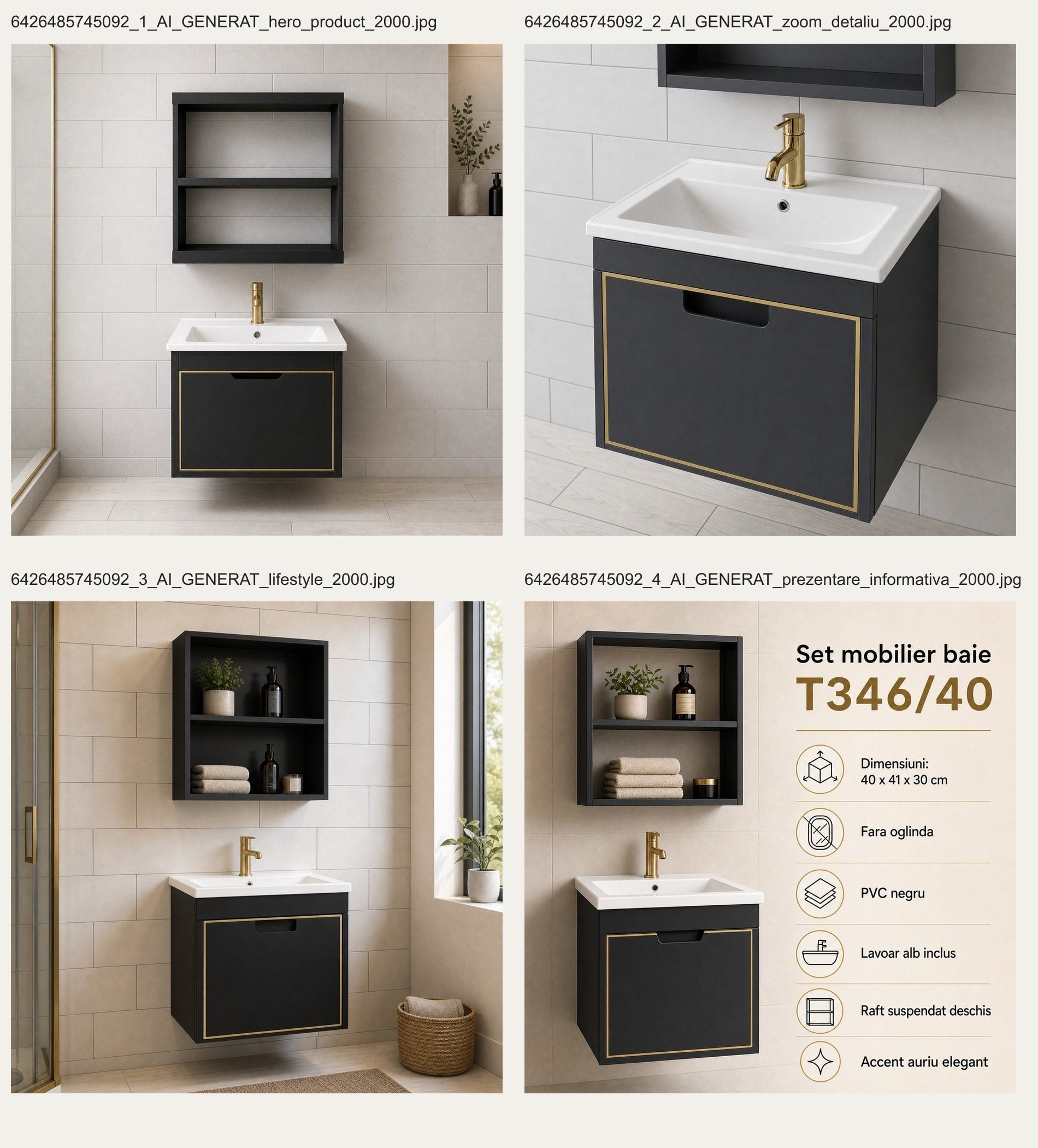 Set Mobilier fara oglinda Baie, Negru, PVC, T346/40