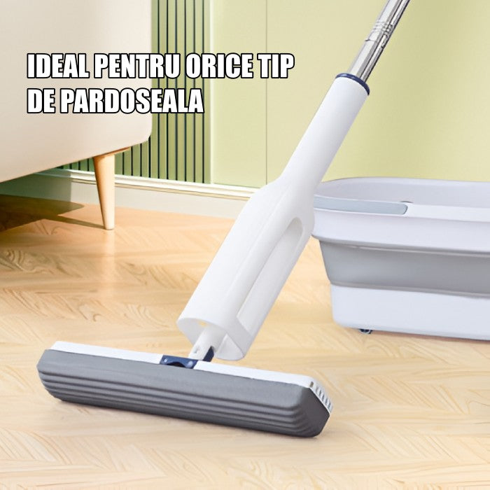 Set Mop Telescopic cu Galeata Pliabila, Gri, 32 cm, Maner Reglabil 140 cm, Sistem de Stoarcere Usor si Eficient