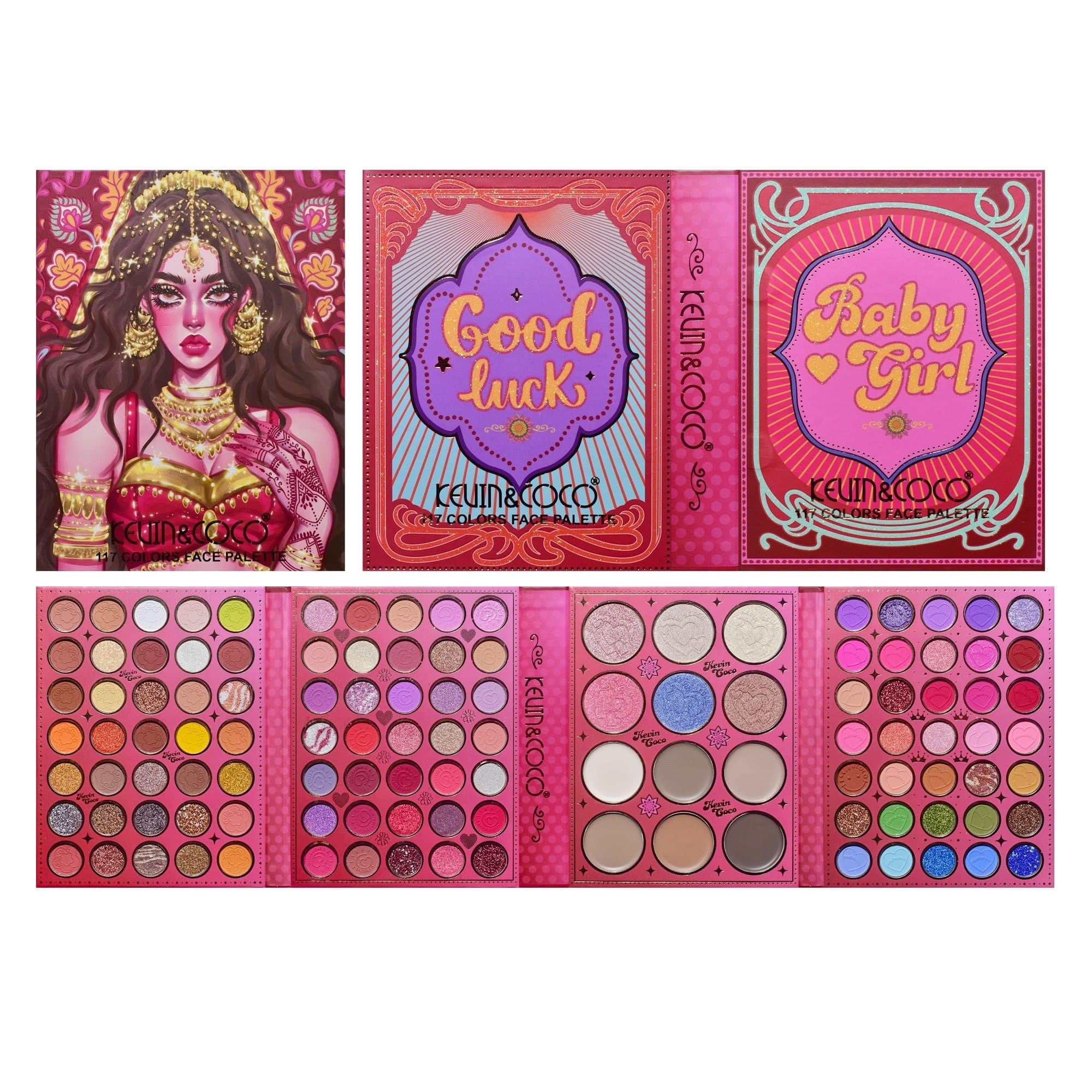 Paleta de Machiaj, KEVIN &amp; COCO, Good Luck, Fard de Pleoape, Iluminator, Blush Cremos, 117 culori, 19 x 14.8 x 3.4 cm