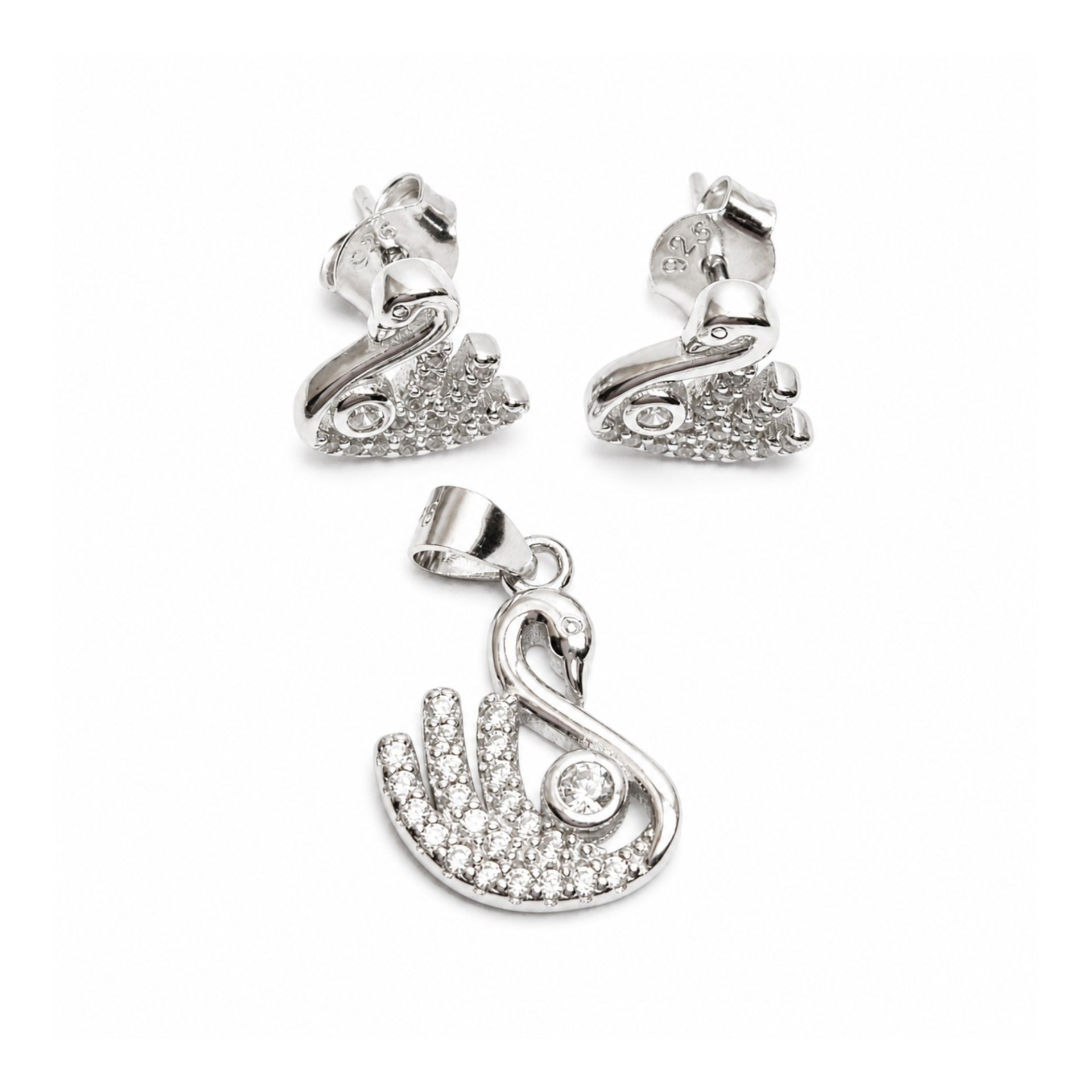 Set Pandativ cu Cercei pentru Dama, Argint 925, Model Lebada cu Pietre, 2.7g, 1.5 cm x 1 cm, Argintiu