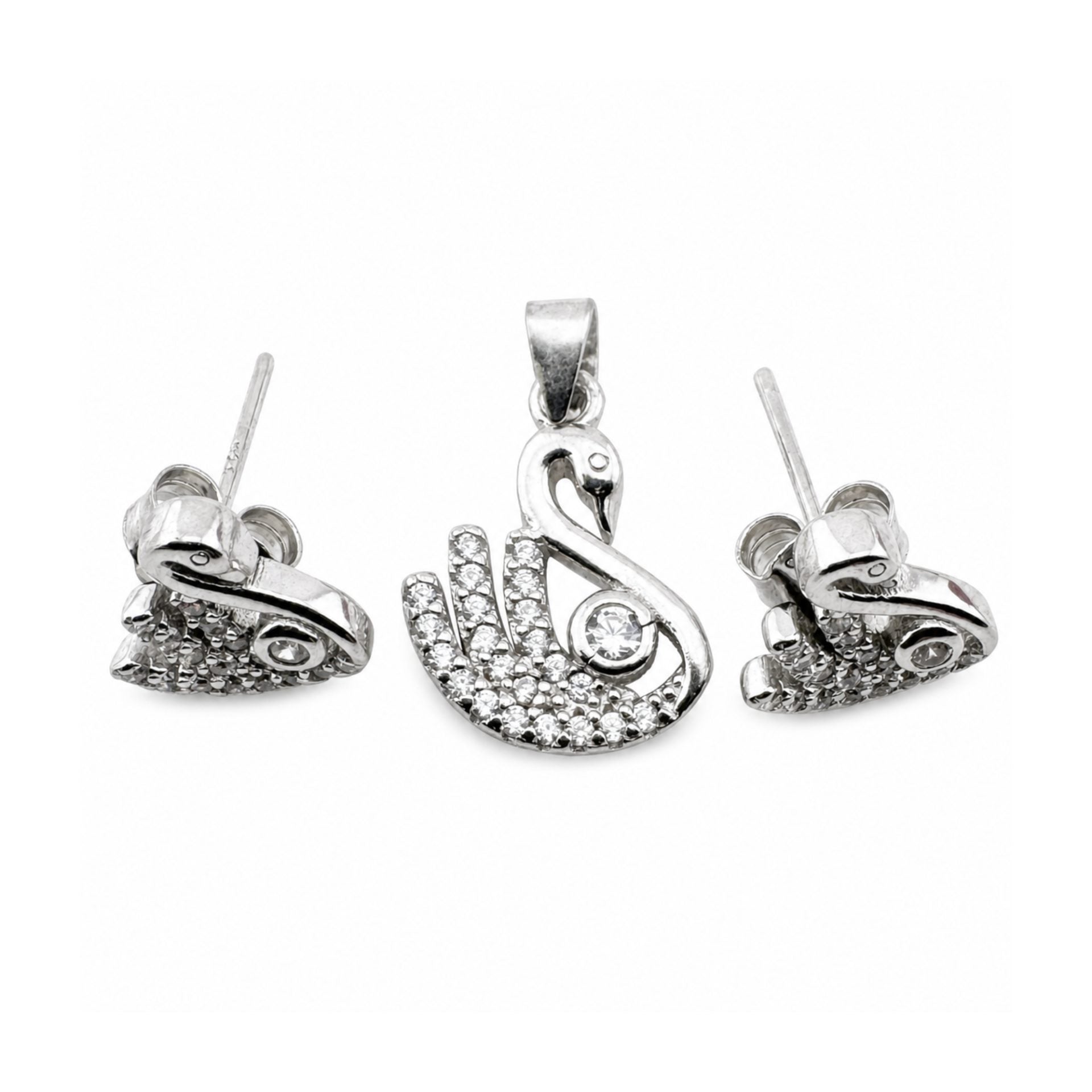Set Pandativ cu Cercei pentru Dama, Argint 925, Model Lebada cu Pietre, 2.7g, 1.5 cm x 1 cm, Argintiu