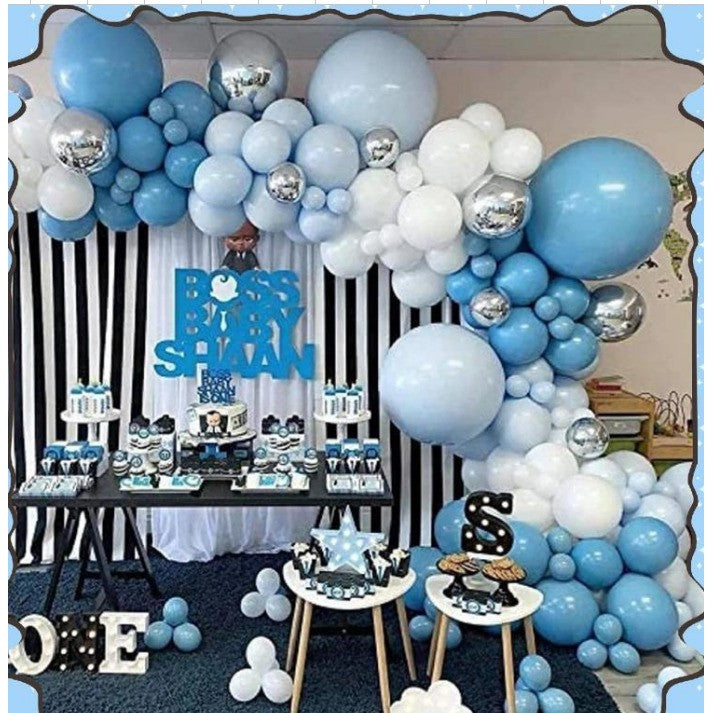Baloane decorative Arcada, pentru Baieti, BABY SHOWER, Arcada Baby BOSS, Set din 154 baloane, Model Petrecere, Baloane Party, 12 cm, 30 cm, 45 cm, Albastru, Bleu, Alb, Argitiu