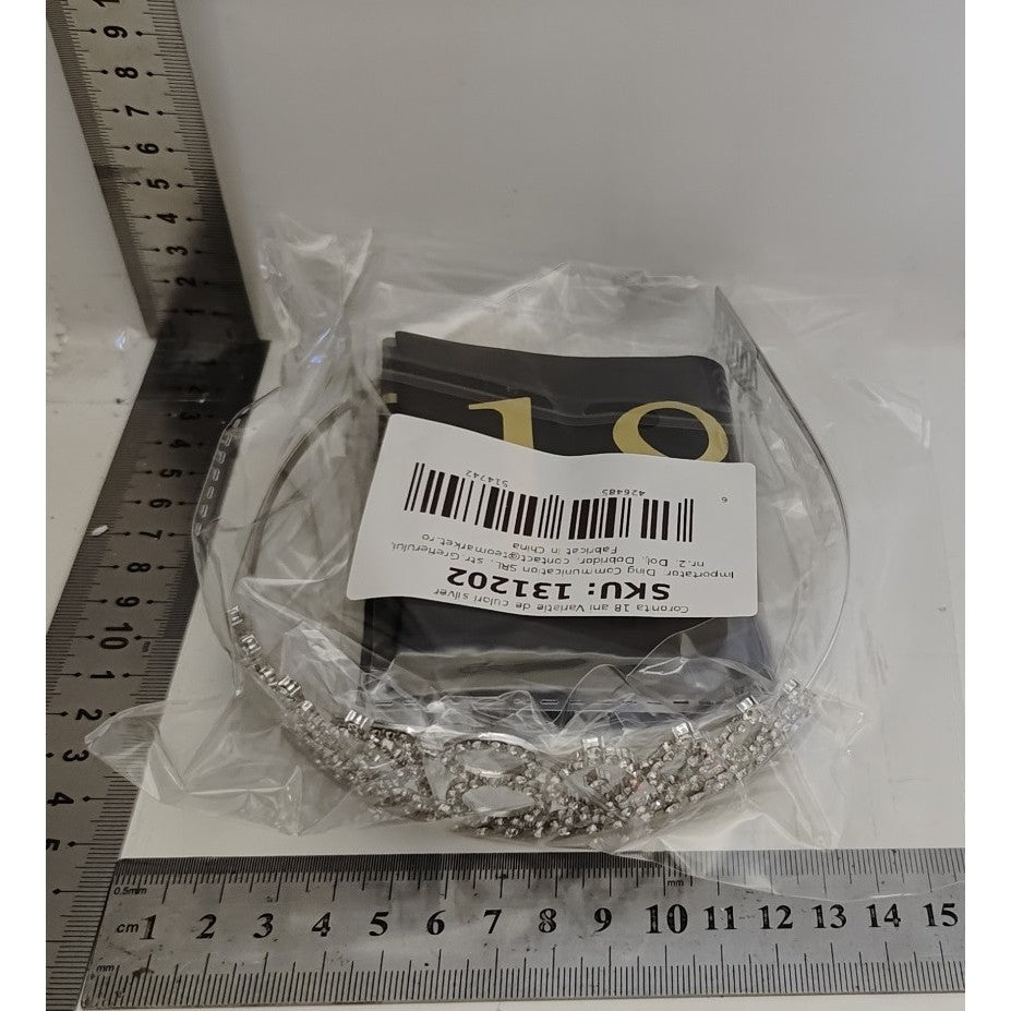 Set 2 Piese pentru Majorat, 15 x 13 x 5 cm, Coronita Printesa Silver si Panglica 18&amp;Fabulous, Negru