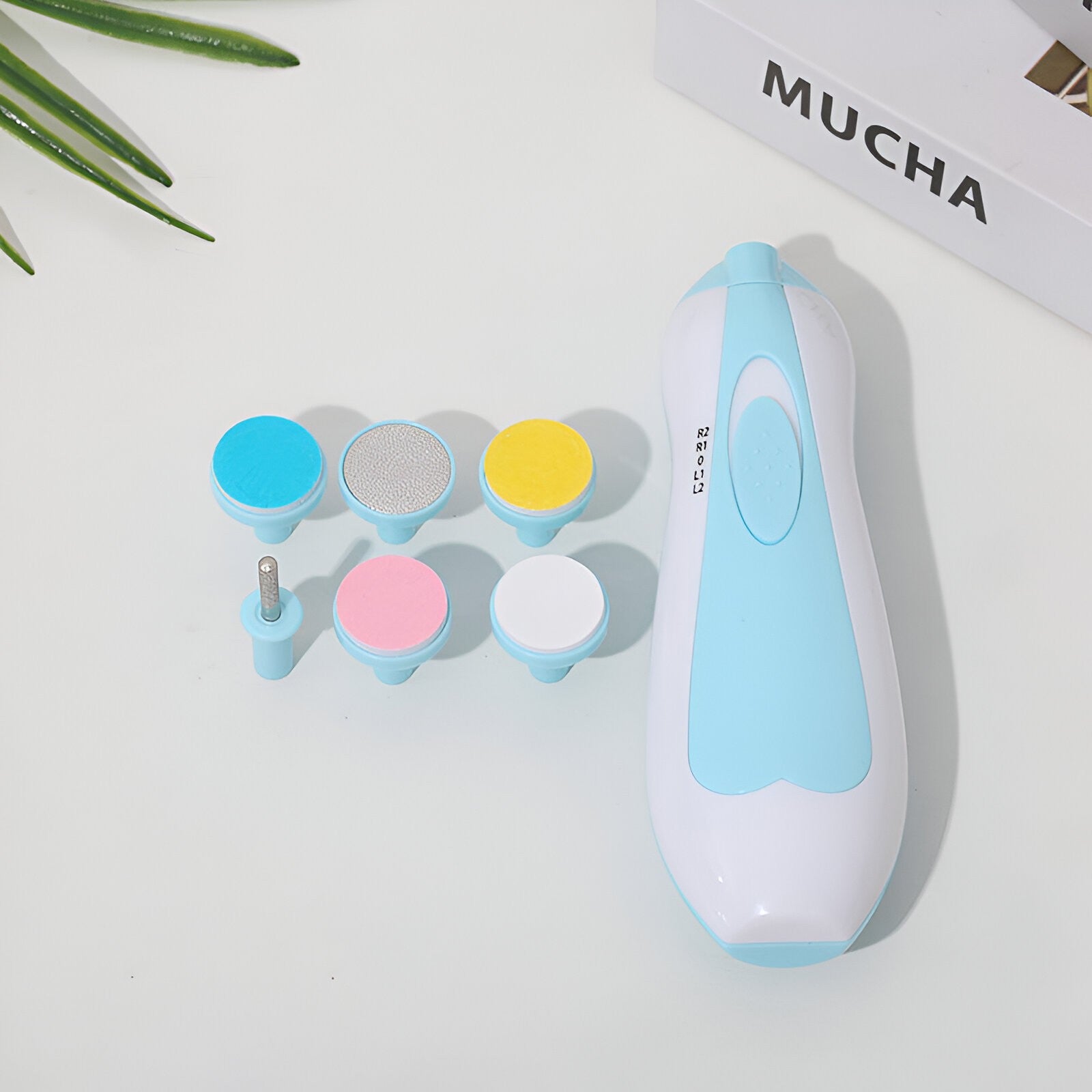 Set Pila Electrica pentru Copii si Bebelusi, ABS, 6 Accesorii, cu Lumina LED, Albastru Alb