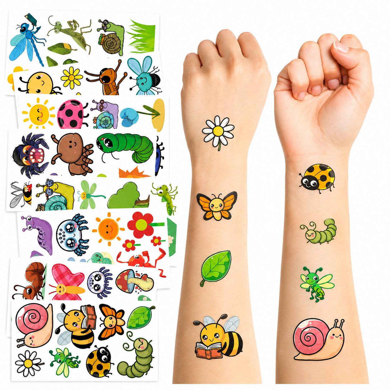 Set Tatuaje Temporare pentru Copii, Modele Cartoon cu Insecte si Natura, Rezistente la Apa, pentru Petreceri si Activitati Creative, Foaie 12 x 6.8 cm, Multicolor