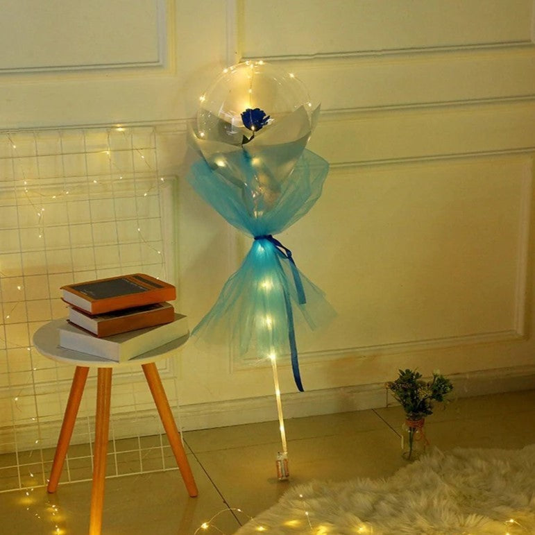 Set Trandafir in Balon LED cu Lumini, Tip Buchet, Diametru 35 cm, Albastru