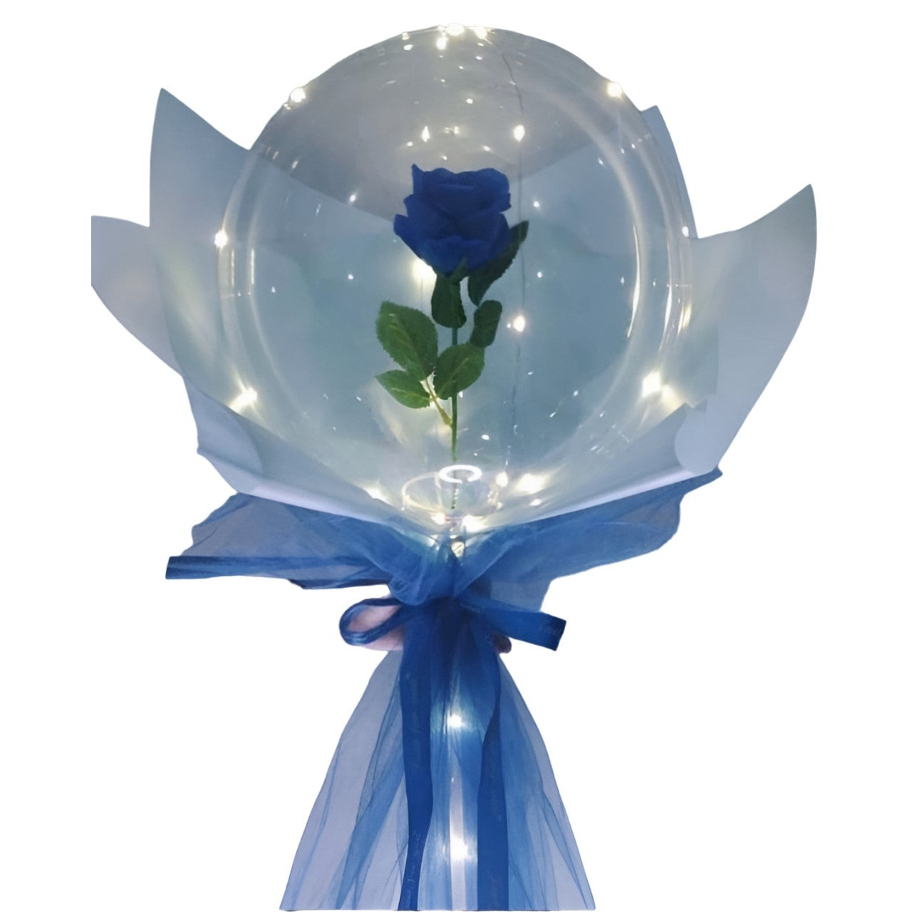 Set Trandafir in Balon LED cu Lumini, Tip Buchet, Diametru 35 cm, Albastru