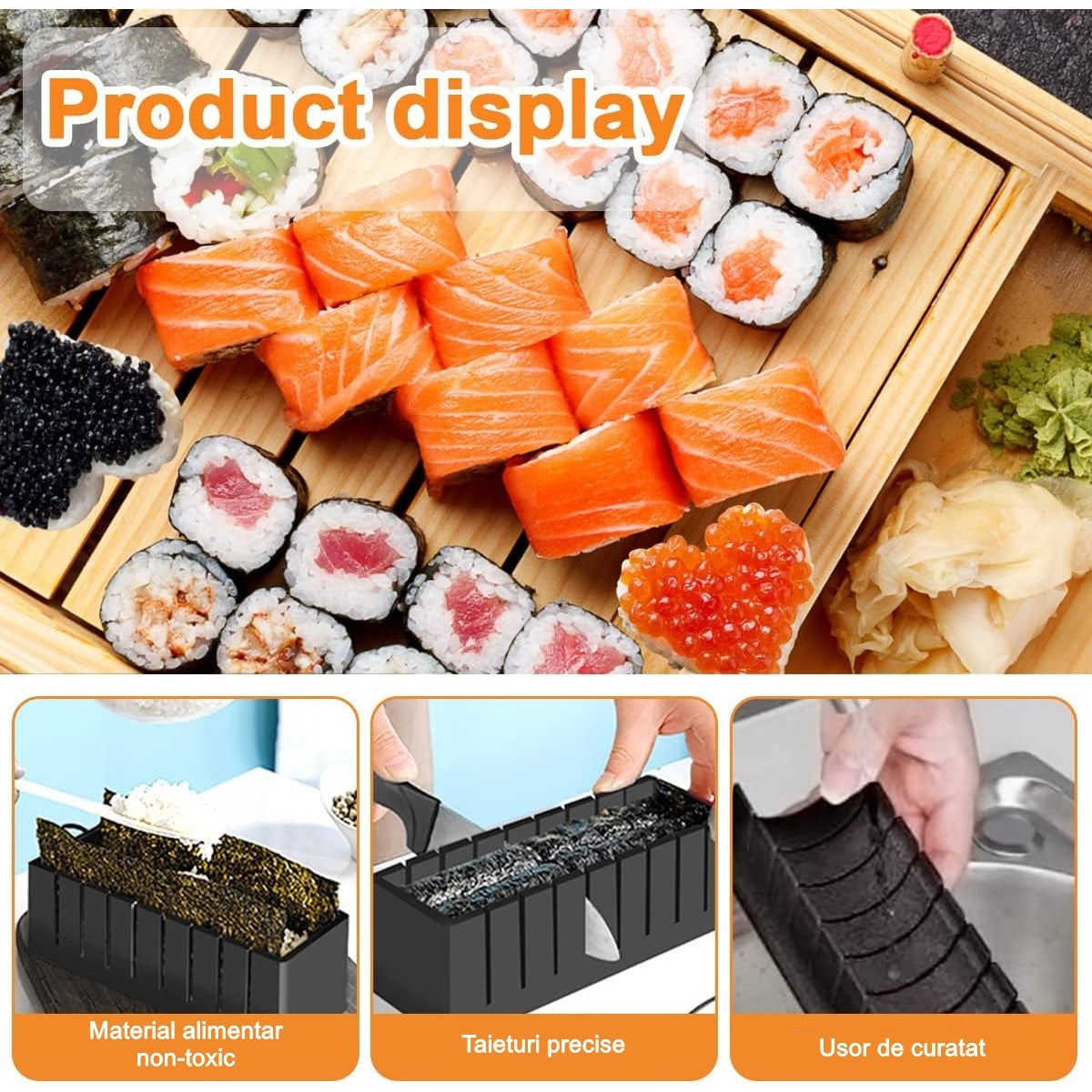 Set ustensile pentru facut sushi 10 piese, forma inima inclus, 3 forme clasice, extensibil, finisaj lucios, material ABS, curatare usoara, negru