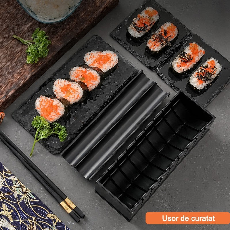 Set ustensile pentru facut sushi 10 piese, forma inima inclus, 3 forme clasice, extensibil, finisaj lucios, material ABS, curatare usoara, negru