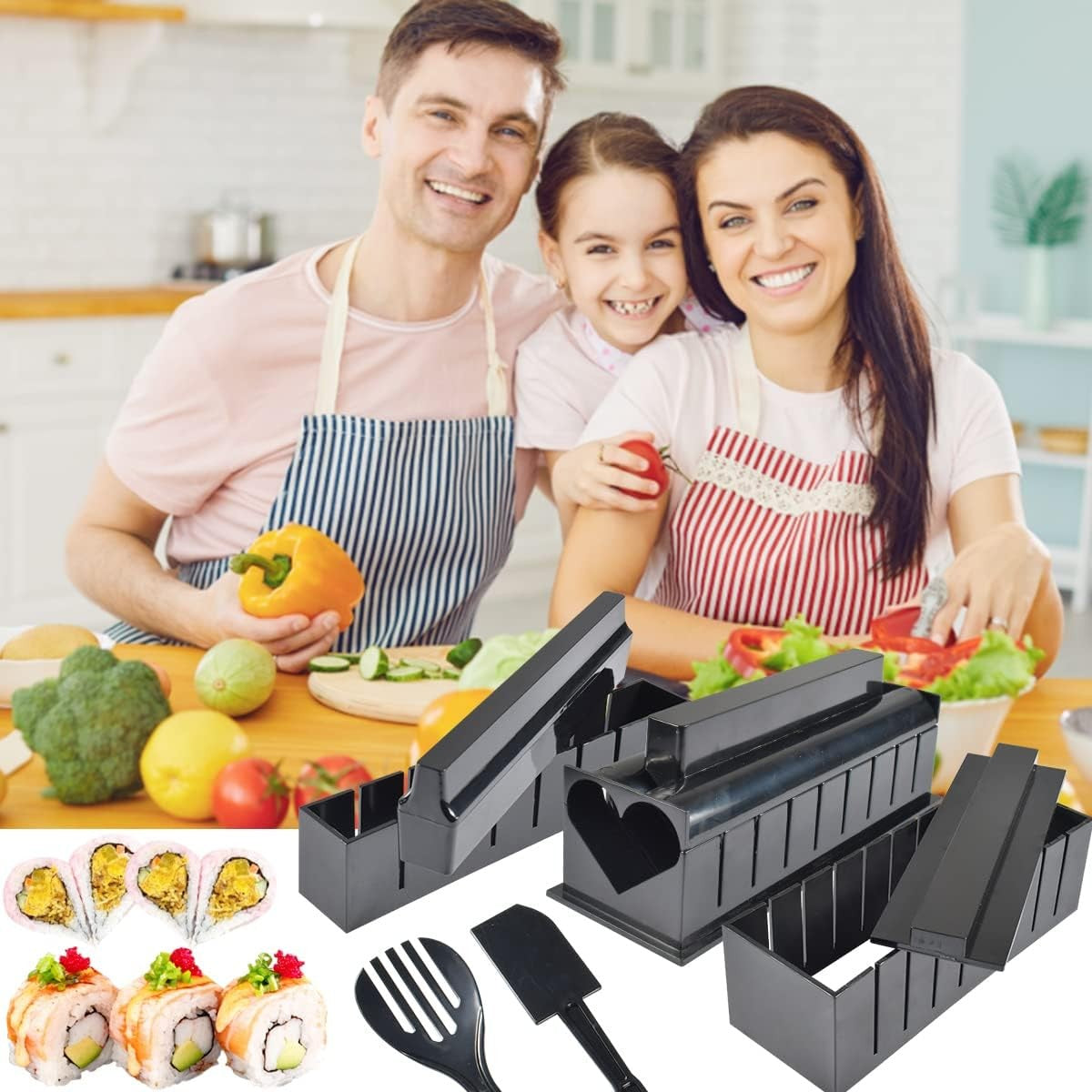 Set ustensile pentru facut sushi 10 piese, forma inima inclus, 3 forme clasice, extensibil, finisaj lucios, material ABS, curatare usoara, negru