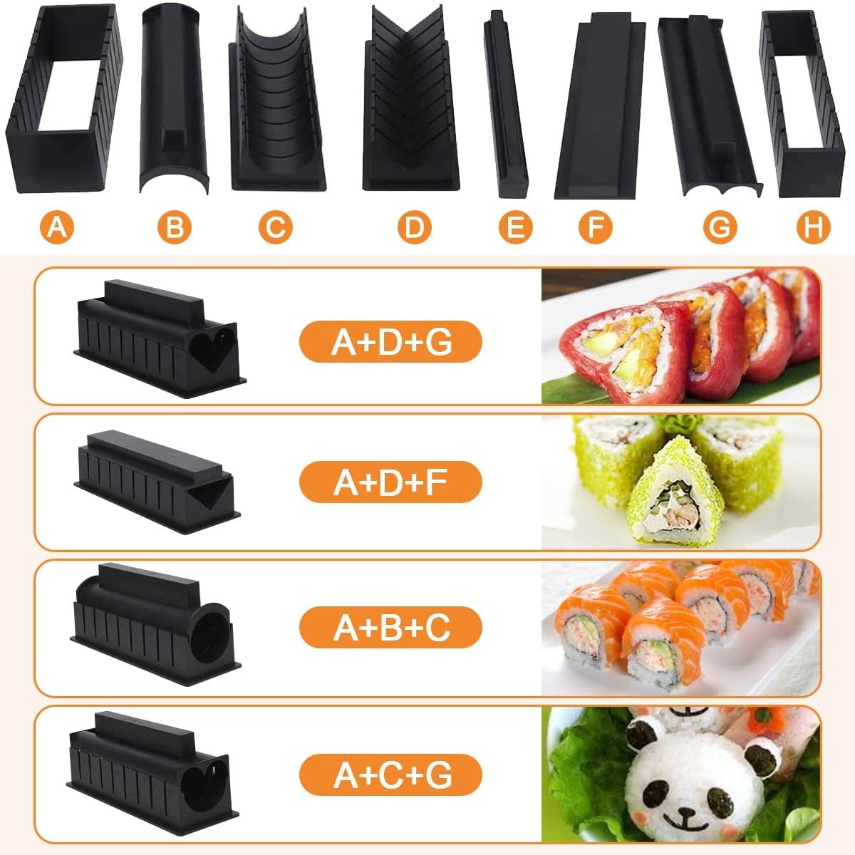 Set ustensile pentru facut sushi 10 piese, forma inima inclus, 3 forme clasice, extensibil, finisaj lucios, material ABS, curatare usoara, negru