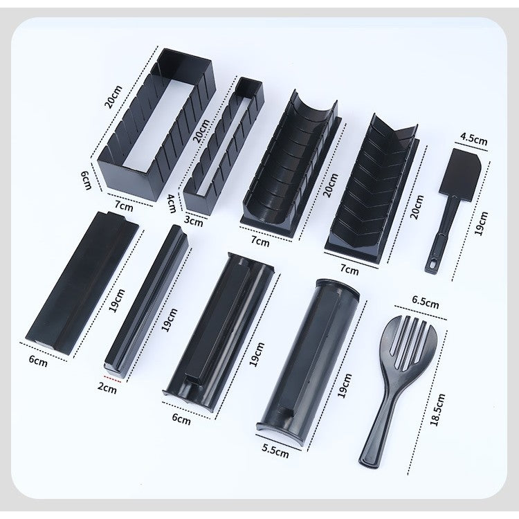 Set ustensile pentru facut sushi 10 piese, forma inima inclus, 3 forme clasice, extensibil, finisaj lucios, material ABS, curatare usoara, negru