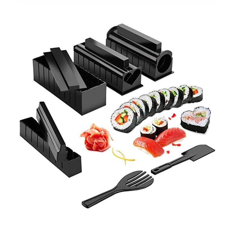 Set ustensile pentru facut sushi 10 piese, forma inima inclus, 3 forme clasice, extensibil, finisaj lucios, material ABS, curatare usoara, negru