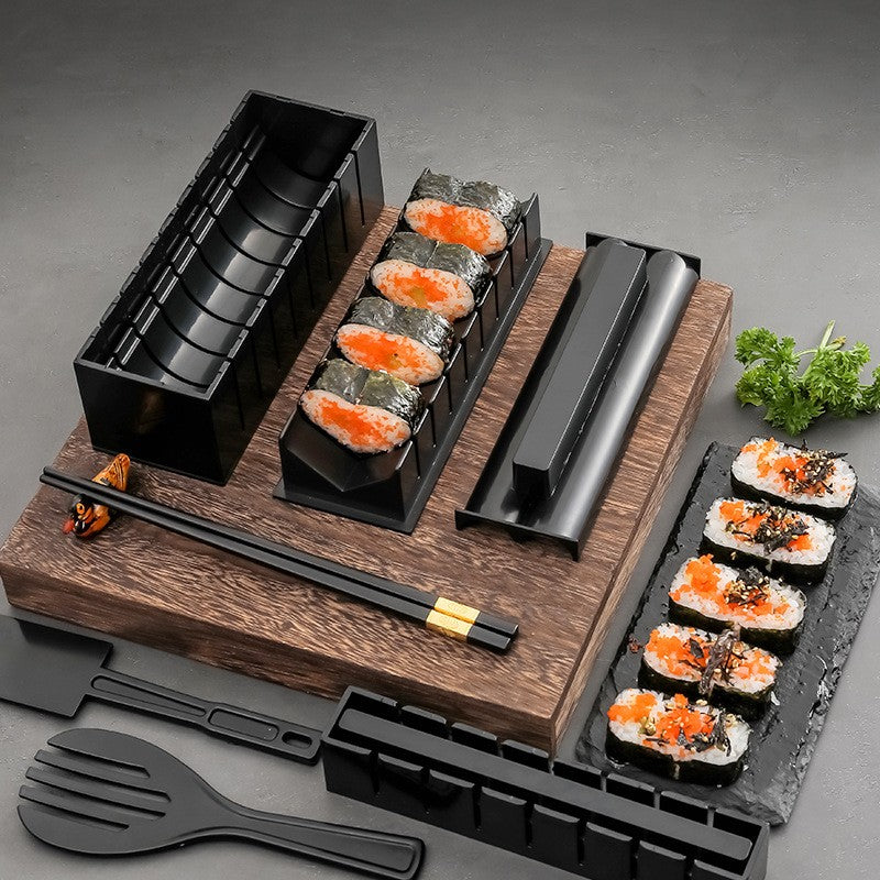 Set ustensile pentru facut sushi 10 piese, forma inima inclus, 3 forme clasice, extensibil, finisaj lucios, material ABS, curatare usoara, negru