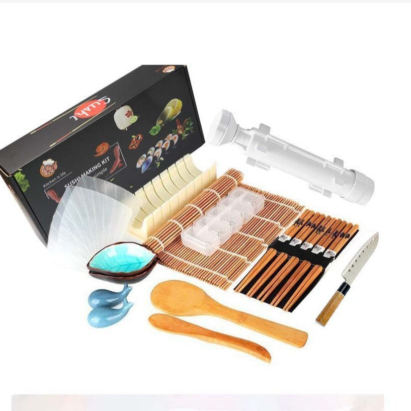 Set Ustensile pentru Sushi, Set din 19 Accesorii pentru Sushi, Set pentru Sushi HOME MADE, Cutit Inclus, Forme, Betisoare, Multicolor