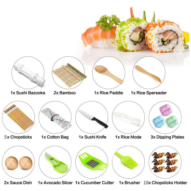 Set Ustensile pentru Sushi, Set din 31 Accesorii pentru Sushi, Set pentru Sushi HOME MADE, Cutit Inclus, Forme, Betisoare, Multicolor