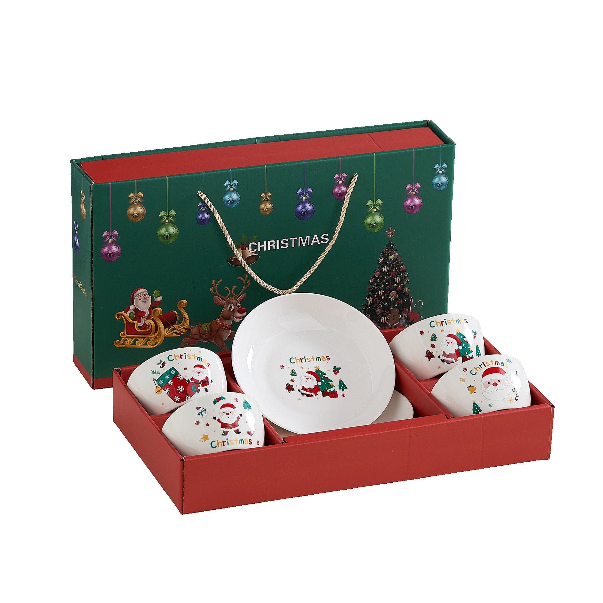 Set Vesela Festiva, Tema Craciun, 4 x Boluri 300 ml, 2 x Farfurii 18 x 3.4 cm, din Ceramica, Model 2, Multicolor