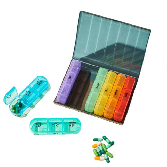 Cutie Depozitare Medicamente, 7 Zile, 21 Compartimente, Cutie Suport, Recipiente Detasabile, Portabila, Recipiente Colorate, Cutie Neagra, 15.6x12 cm