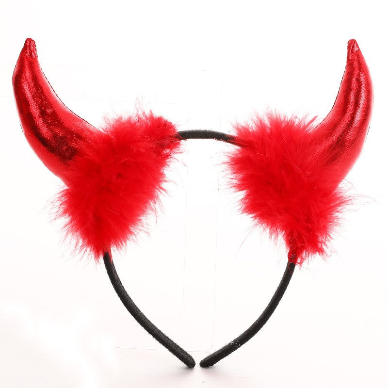 Coronita Deghizare, Model Cornite Devil, Rosu Satinat cu Puf Rosu, Marime Universala
