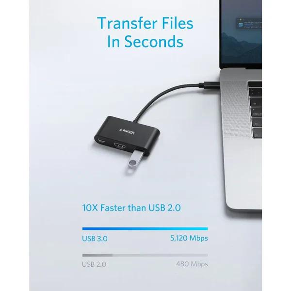 DOCKING Station Anker 3-in-1, porturi: HDMI (M) 4K 30Hz, USB 3.2 gen 1, PD 100W, , conectare prin USB Type-C (T), rata transfer 5 Gbps, ABS, gri, "A8339HA1" - 0194644023157
