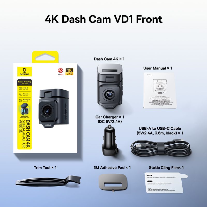 CAMERA DASHCAM Baseus PrimeTrip VD1 Pro, 4K 1080P, acumulator integrat Incarcare solara, unghi pana la 170 grade, negru "C0119804" - 6942521200252