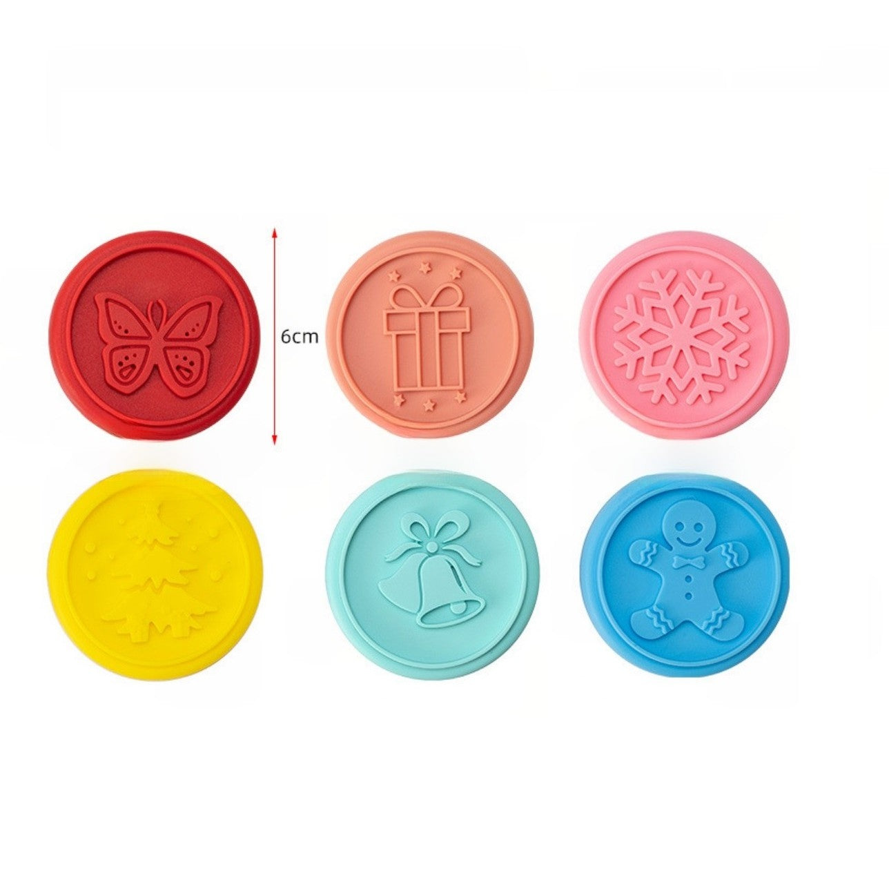 Set 6 stampile pentru prajituri tematica de Craciun, din silicon alimentar non-toxic, taietor aluat inclus, 6 cm, maner din plastic, compact, usor de depozitat