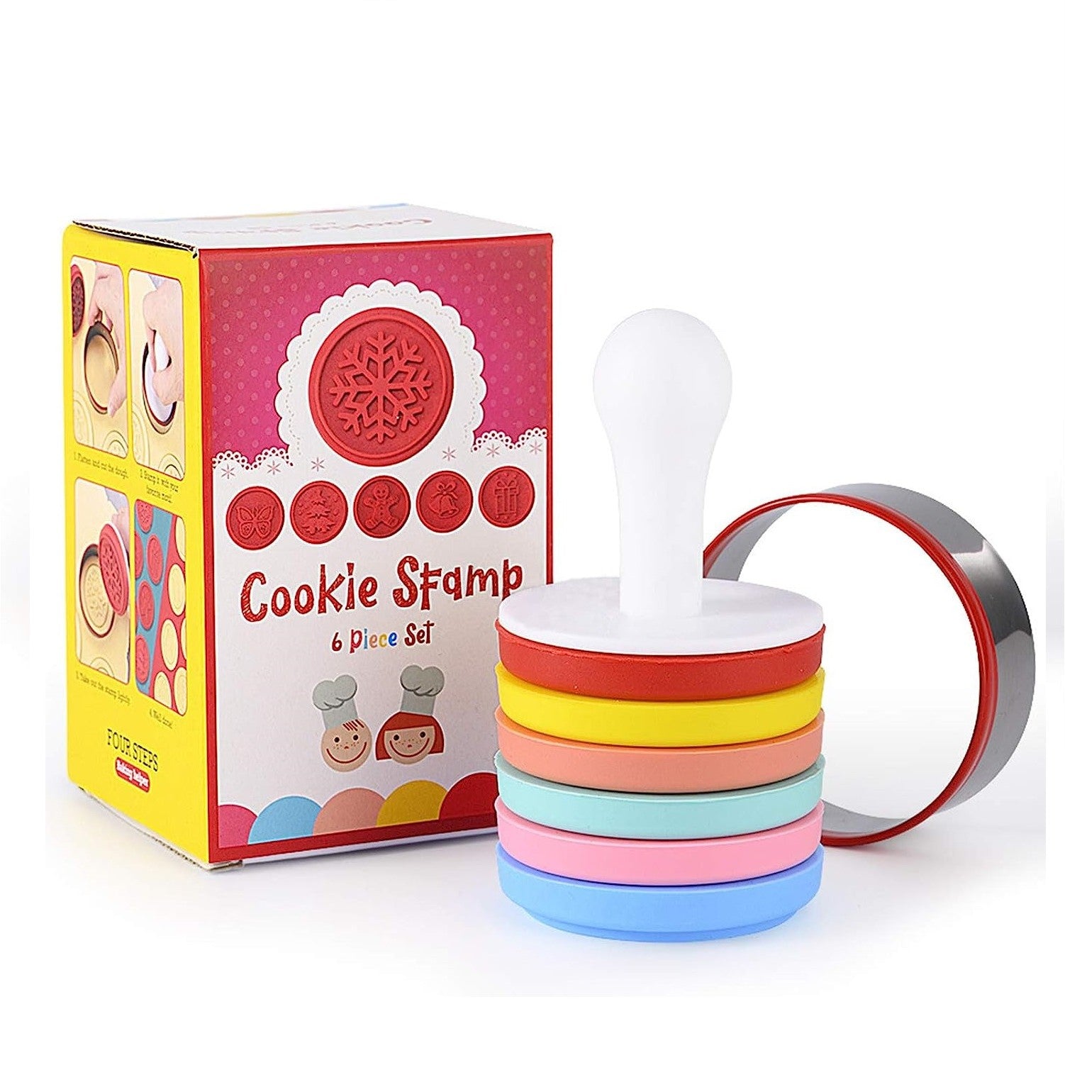 Set 6 stampile pentru prajituri tematica de Craciun, din silicon alimentar non-toxic, taietor aluat inclus, 6 cm, maner din plastic, compact, usor de depozitat